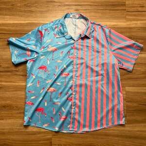 Vatpave Hawaiian Shirt – Men’s Size XL – Blue & Pink Flamingo Stripe Print